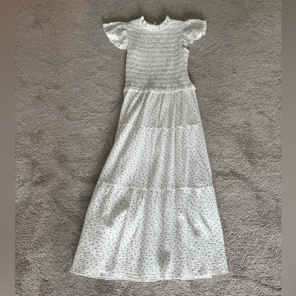 White Smocked Sundress with Red Floral Print